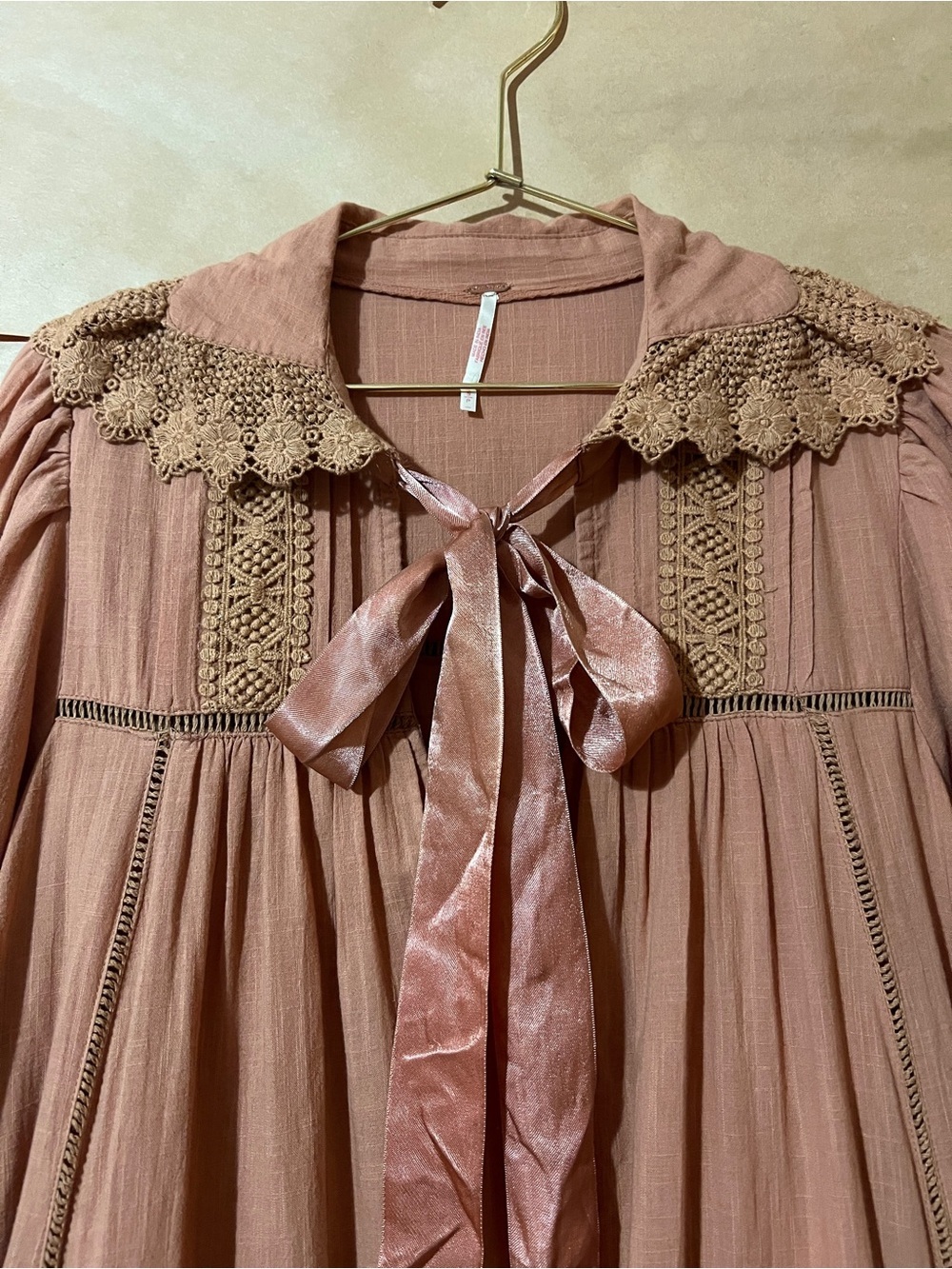 Free People | 5 O'Clock Tea Time Mini Dress Tie Neck Lace Ruffle Babydoll Size S - Picture 4 of 14
